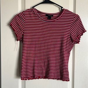 Forever 21 lettuce sleeve crop top that is red, white, and blue stripes.